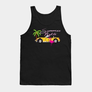 Ditsy 80s/90s Aesthetic Miami Pink Flamingo Exotic Car Pattern On Dark Blue Background Tank Top